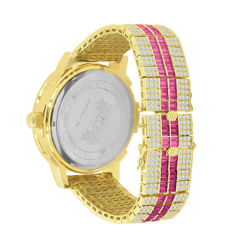 Genuine Diamond Dial Stainless Steel Pink Face Custom Bezel Gold Tone Adjustable Band Mens Watch W/Date