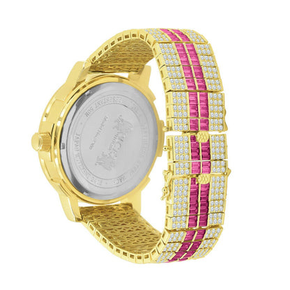 Genuine Diamond Dial Stainless Steel Pink Face Custom Bezel Gold Tone Adjustable Band Mens Watch W/Date