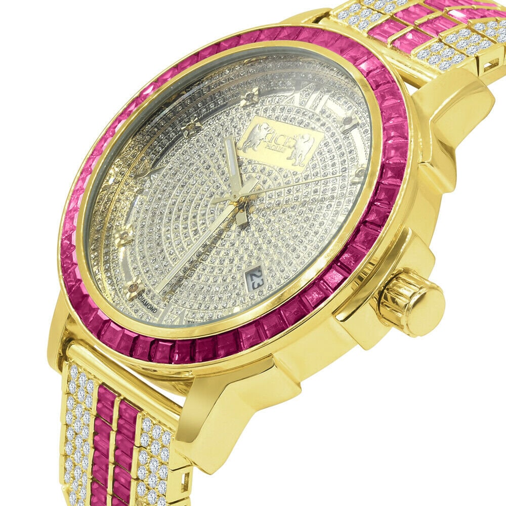Genuine Diamond Dial Stainless Steel Pink Face Custom Bezel Gold Tone Adjustable Band Mens Watch W/Date