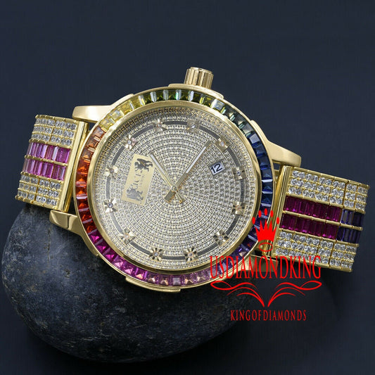 18K Yellow Gold Finish Rainbow Multi Tone Watch Solid Steel Bezel Real Diamond Dial W/Date Function