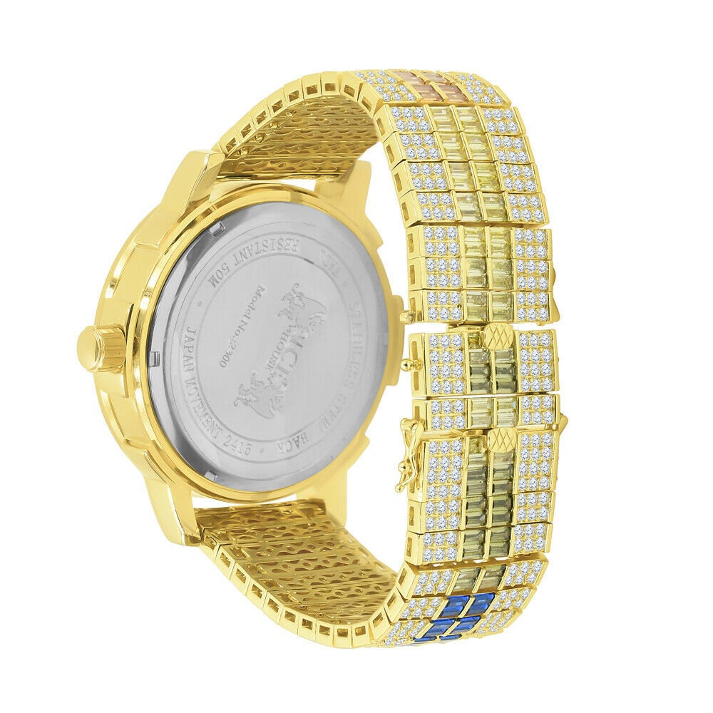 18K Yellow Gold Finish Rainbow Multi Tone Watch Solid Steel Bezel Real Diamond Dial W/Date Function