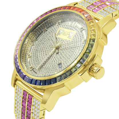 18K Yellow Gold Finish Rainbow Multi Tone Watch Solid Steel Bezel Real Diamond Dial W/Date Function