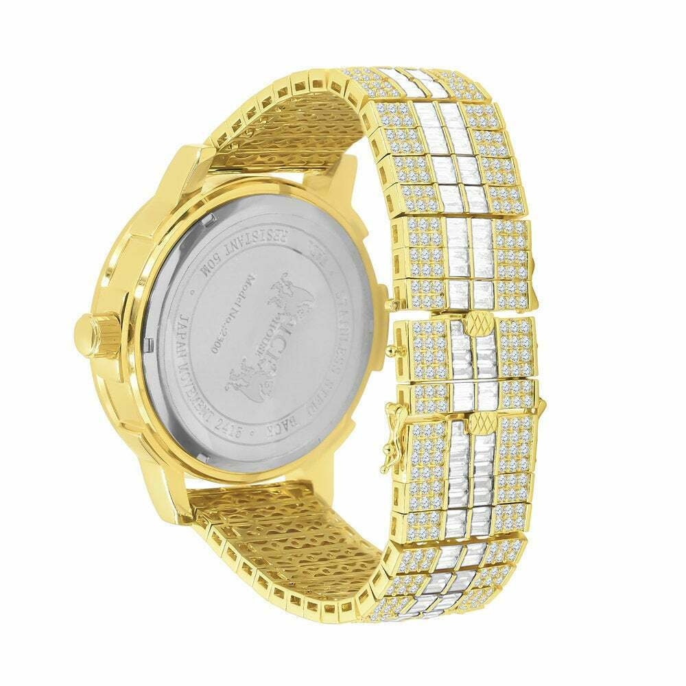 Solid Stainless Steel Bezel W/Date Function Adjustable Custom Band Mens 18K Yellow Gold Finish Watch