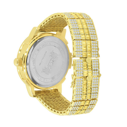 Lemonade Canary Gold Yellow Tone Real Diamond Dial Gold Finish Custom Band Watch W/Date Solid Steel Bezel