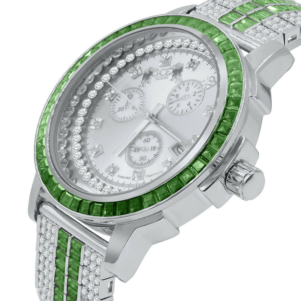 18K White Gold finish Emerald Green Solid Stainless Steel Baguette Solitaire Bezel Adjustable Custom Band Watch