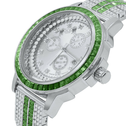 18K White Gold finish Emerald Green Solid Stainless Steel Baguette Solitaire Bezel Adjustable Custom Band Watch