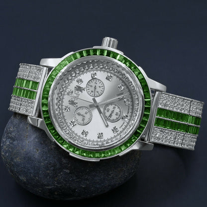 18K White Gold finish Emerald Green Solid Stainless Steel Baguette Solitaire Bezel Adjustable Custom Band Watch