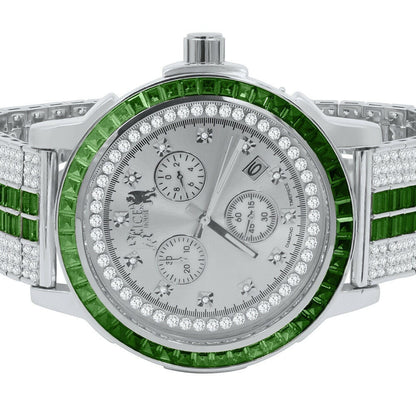 18K White Gold finish Emerald Green Solid Stainless Steel Baguette Solitaire Bezel Adjustable Custom Band Watch