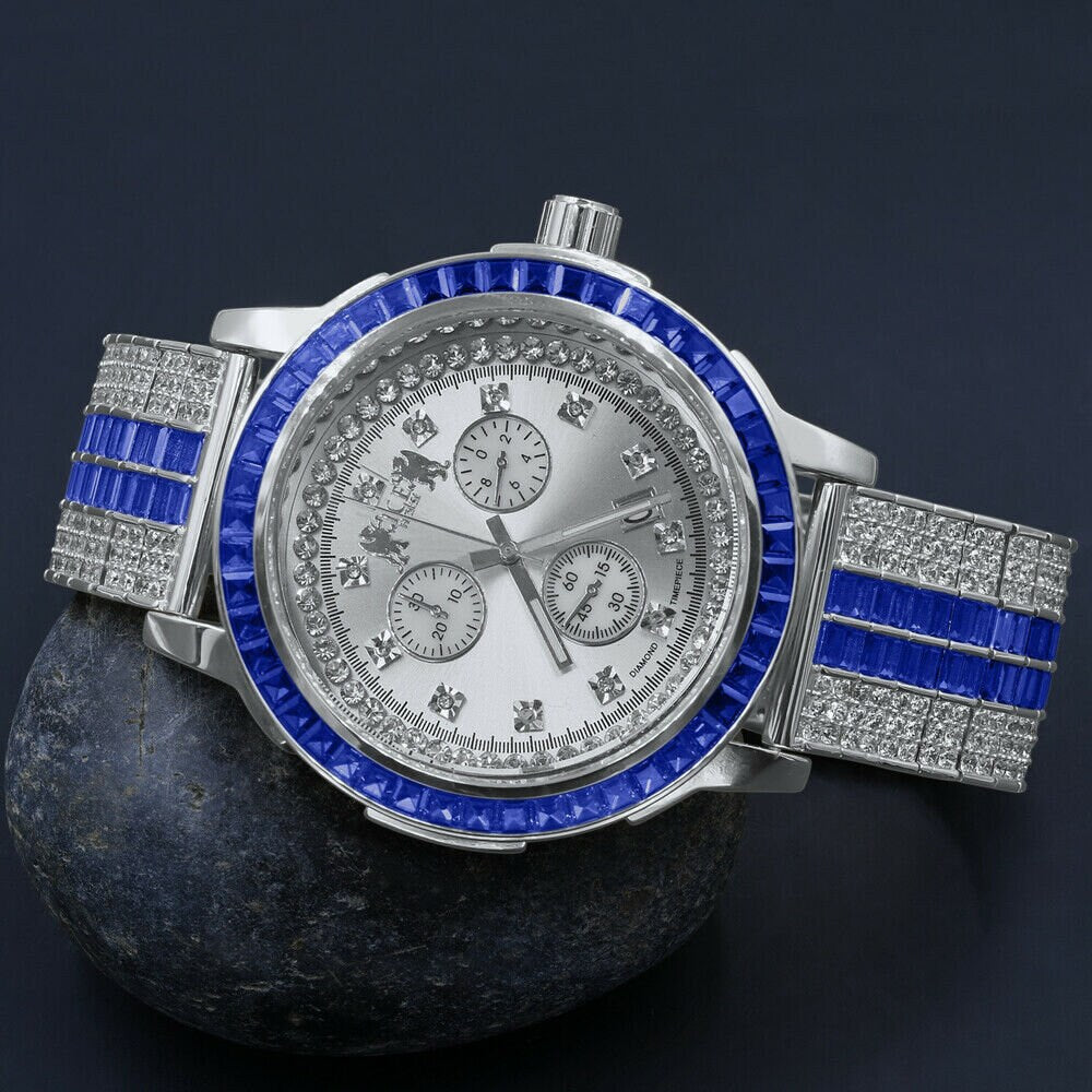 Sapphire Blue White Gold Tone Mens Watch W/Date Adjustable Custom Band Real Diamond Dial Stainless Steel Baguette Bezel