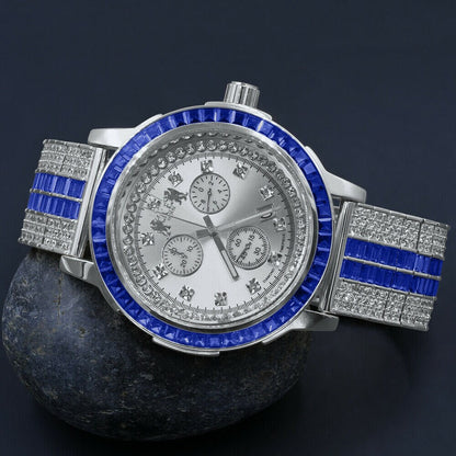 Sapphire Blue White Gold Tone Mens Watch W/Date Adjustable Custom Band Real Diamond Dial Stainless Steel Baguette Bezel