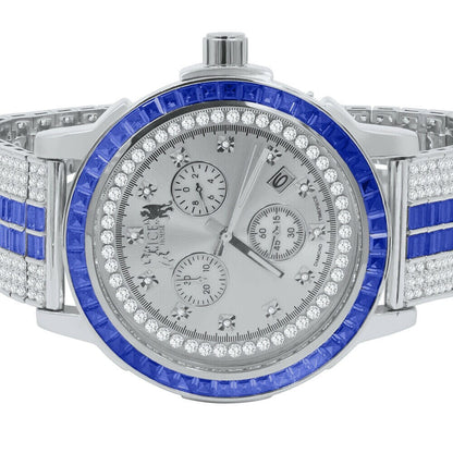 Sapphire Blue White Gold Tone Mens Watch W/Date Adjustable Custom Band Real Diamond Dial Stainless Steel Baguette Bezel