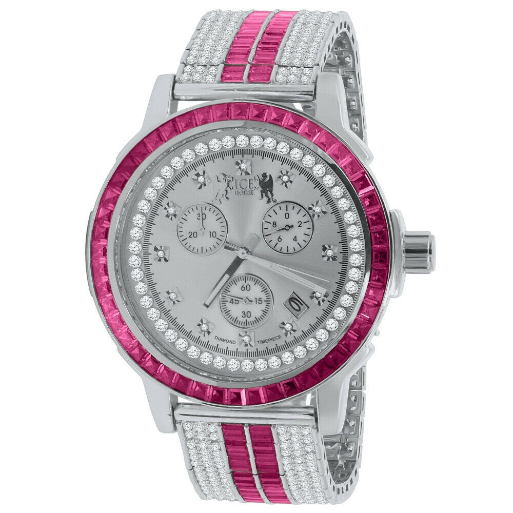 Mens Genuine Diamond Dial Stainless Steel Pink Face Custom Bezel White Gold Tone Adjustable Band Watch W/Date