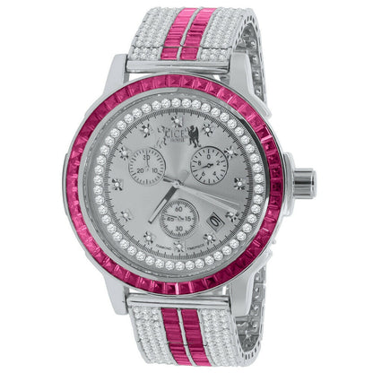 Mens Genuine Diamond Dial Stainless Steel Pink Face Custom Bezel White Gold Tone Adjustable Band Watch W/Date