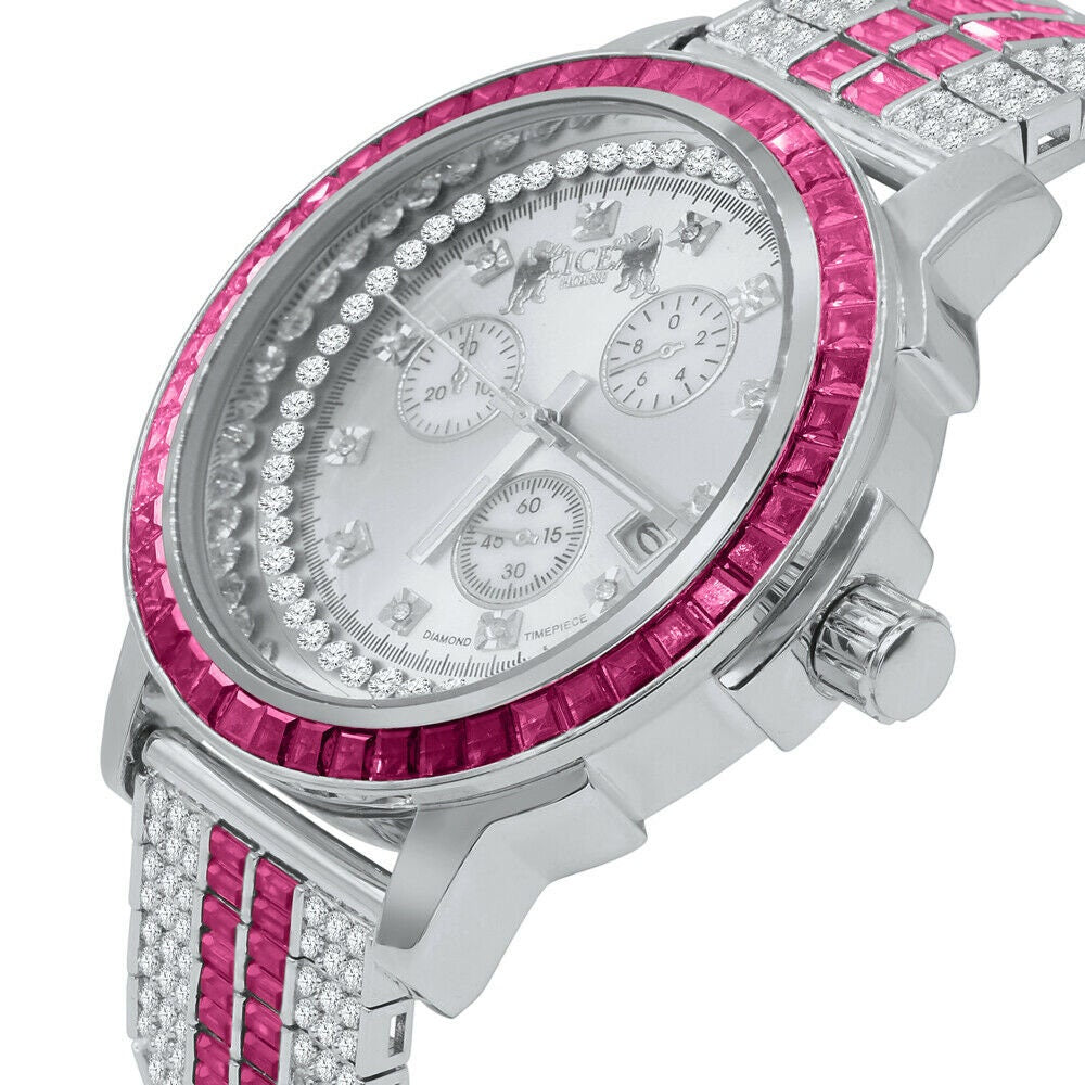 Mens Genuine Diamond Dial Stainless Steel Pink Face Custom Bezel White Gold Tone Adjustable Band Watch W/Date