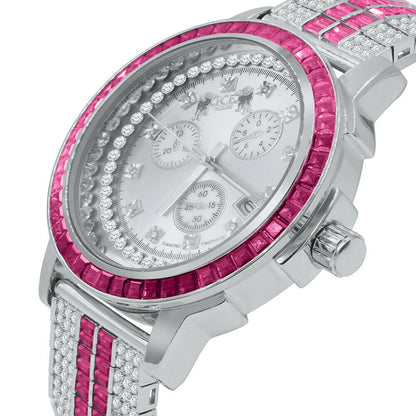 Mens Genuine Diamond Dial Stainless Steel Pink Face Custom Bezel White Gold Tone Adjustable Band Watch W/Date