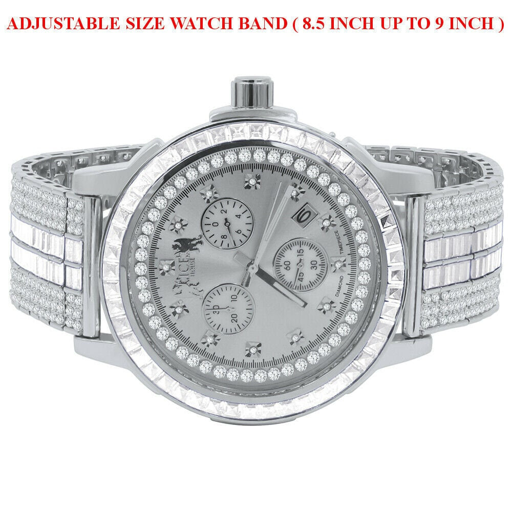 Mens 18K White Gold Finish Solid Stainless Steel Bezel W/Date Function Adjustable Custom Band Watch