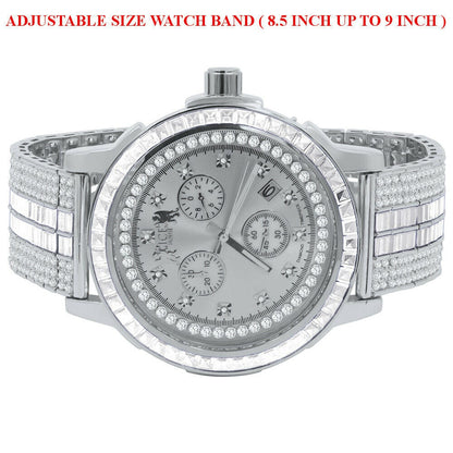 Mens 18K White Gold Finish Solid Stainless Steel Bezel W/Date Function Adjustable Custom Band Watch