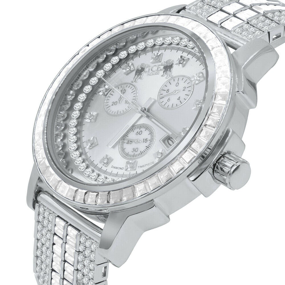 Mens 18K White Gold Finish Solid Stainless Steel Bezel W/Date Function Adjustable Custom Band Watch