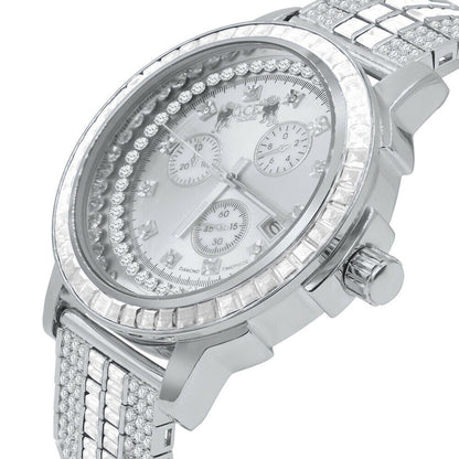 Mens 18K White Gold Finish Solid Stainless Steel Bezel W/Date Function Adjustable Custom Band Watch