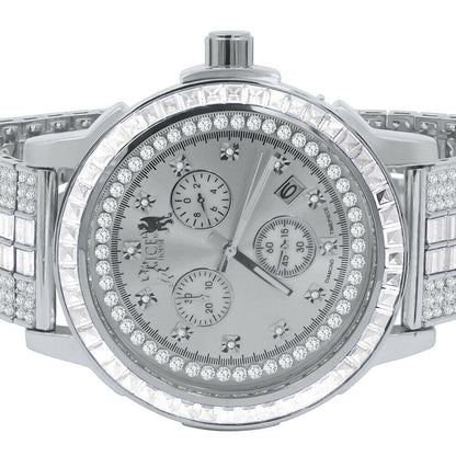 Mens 18K White Gold Finish Solid Stainless Steel Bezel W/Date Function Adjustable Custom Band Watch