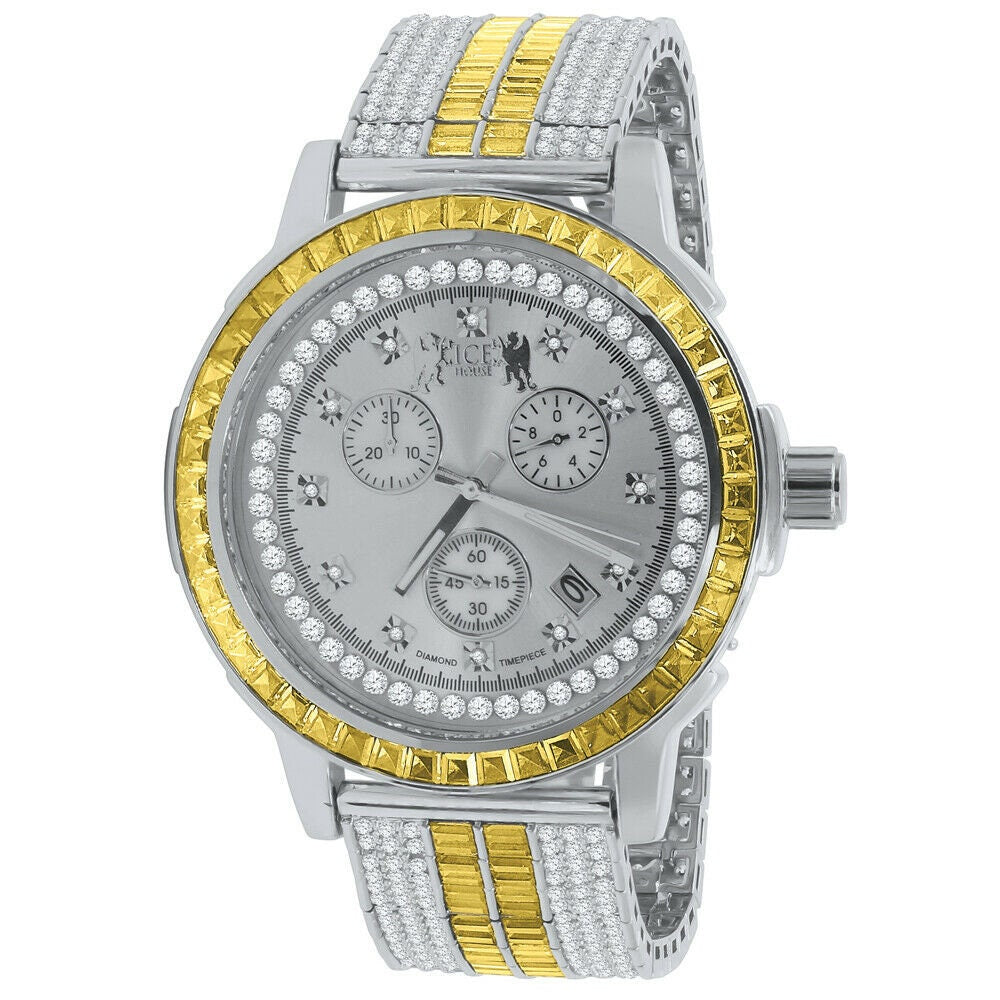Lemonade Canary White Gold Finish Real Diamond Dial Gold Finish Custom Band Watch W/Date Solid Steel Bezel