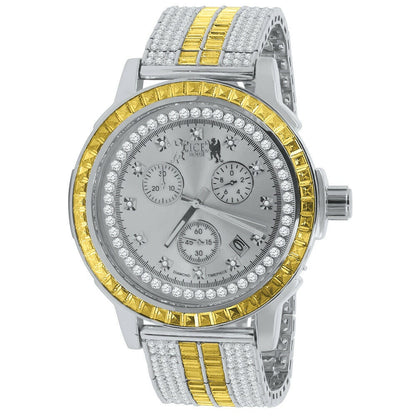 Lemonade Canary White Gold Finish Real Diamond Dial Gold Finish Custom Band Watch W/Date Solid Steel Bezel