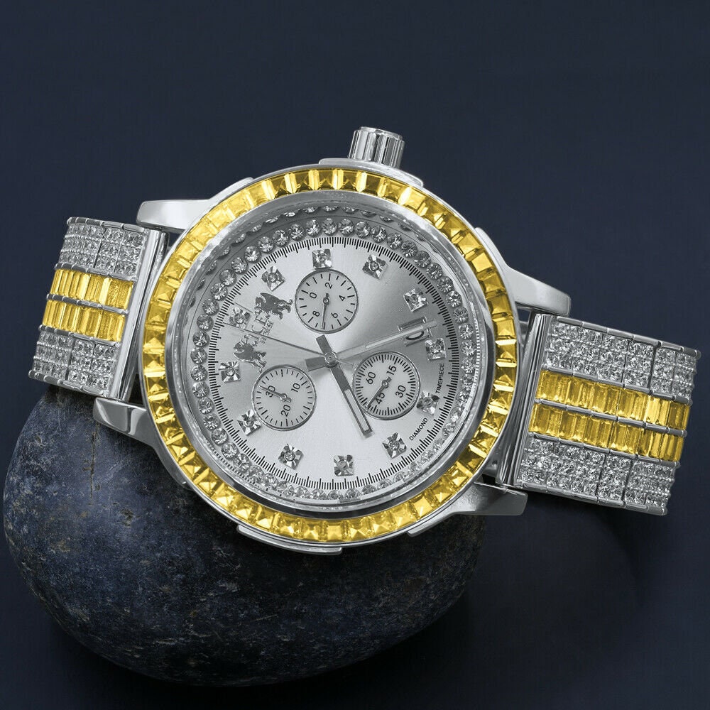 Lemonade Canary White Gold Finish Real Diamond Dial Gold Finish Custom Band Watch W/Date Solid Steel Bezel