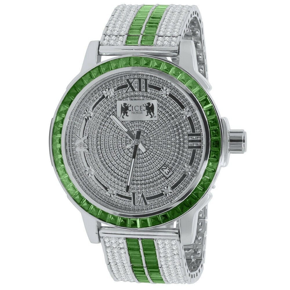 Emerald Green 18K White Gold finish Solid Stainless Steel Baguette Solitaire Bezel Adjustable Custom Band Watch