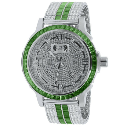 Emerald Green 18K White Gold finish Solid Stainless Steel Baguette Solitaire Bezel Adjustable Custom Band Watch