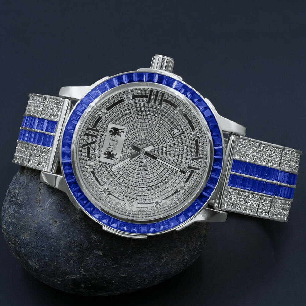 Real Diamond Dial Sapphire Blue White Gold Tone Mens Watch W/Date Adjustable Custom Band Stainless Steel Baguette Bezel