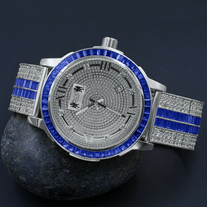 Real Diamond Dial Sapphire Blue White Gold Tone Mens Watch W/Date Adjustable Custom Band Stainless Steel Baguette Bezel