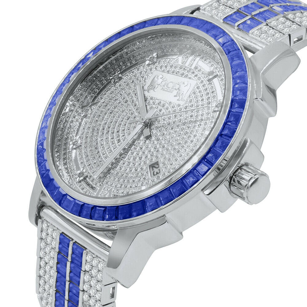 Real Diamond Dial Sapphire Blue White Gold Tone Mens Watch W/Date Adjustable Custom Band Stainless Steel Baguette Bezel