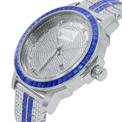 Real Diamond Dial Sapphire Blue White Gold Tone Mens Watch W/Date Adjustable Custom Band Stainless Steel Baguette Bezel