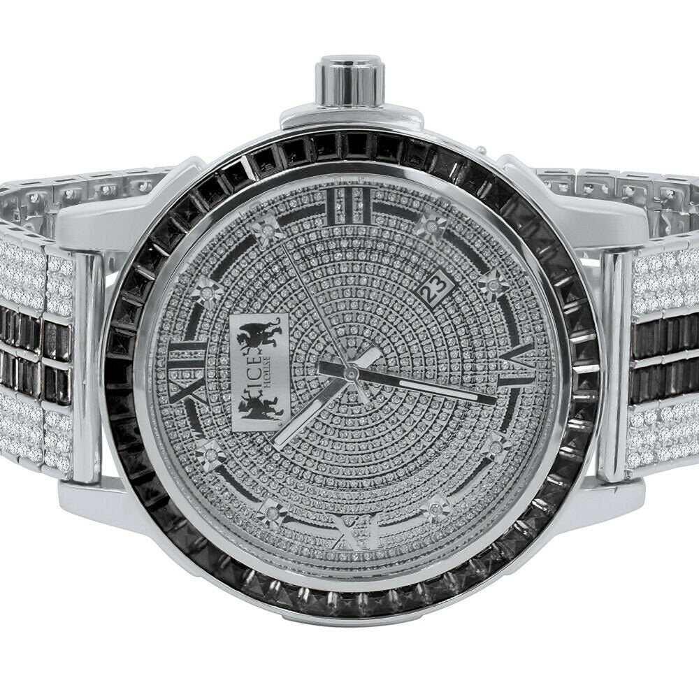 Roman Face Exclusive Custom Watch Mens Black Onyx Real Diamond Dial Solid Steel Custom Bezel Band 18K Gold Tone
