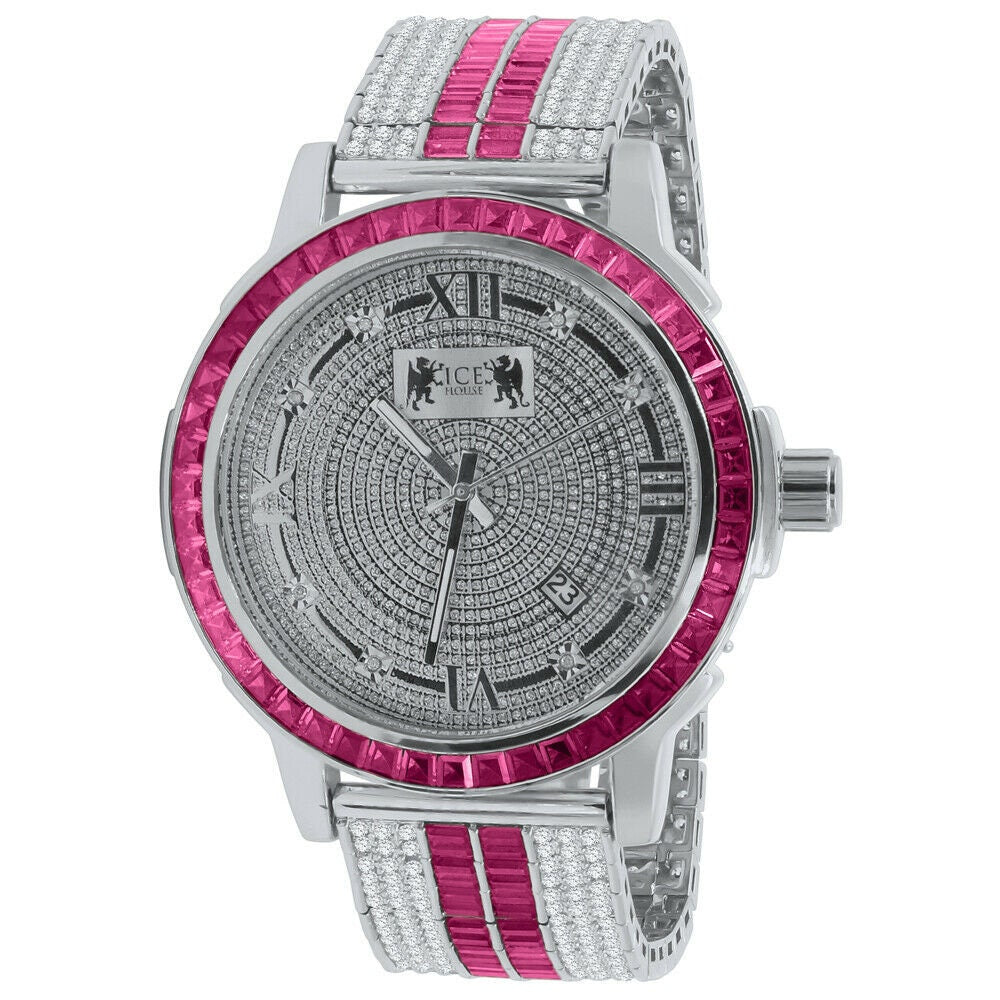 Pink Tourmaline Genuine Diamond Dial Stainless Steel Face Custom Bezel White Gold Tone Adjustable Band Watch W/Date