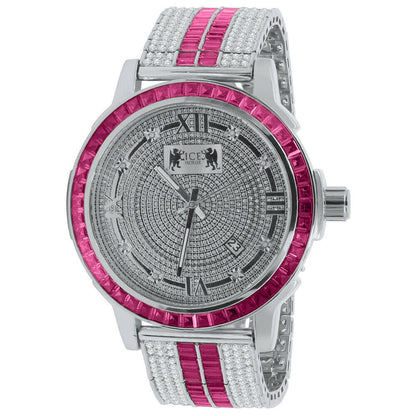 Pink Tourmaline Genuine Diamond Dial Stainless Steel Face Custom Bezel White Gold Tone Adjustable Band Watch W/Date