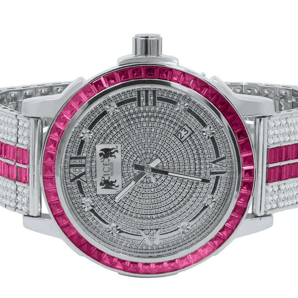 Pink Tourmaline Genuine Diamond Dial Stainless Steel Face Custom Bezel White Gold Tone Adjustable Band Watch W/Date