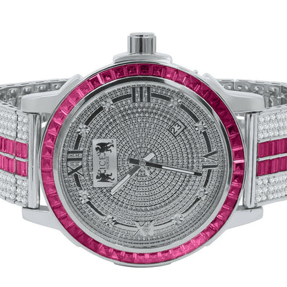 Pink Tourmaline Genuine Diamond Dial Stainless Steel Face Custom Bezel White Gold Tone Adjustable Band Watch W/Date