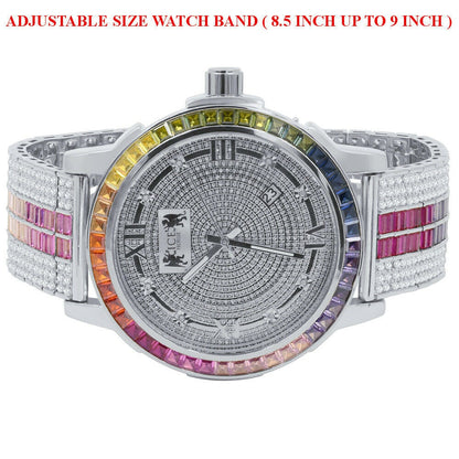 Mens Solid Stainless Steel Bezel White Gold Finish Rainbow Multi Tone Watch Real Diamond Dial W/Date Function