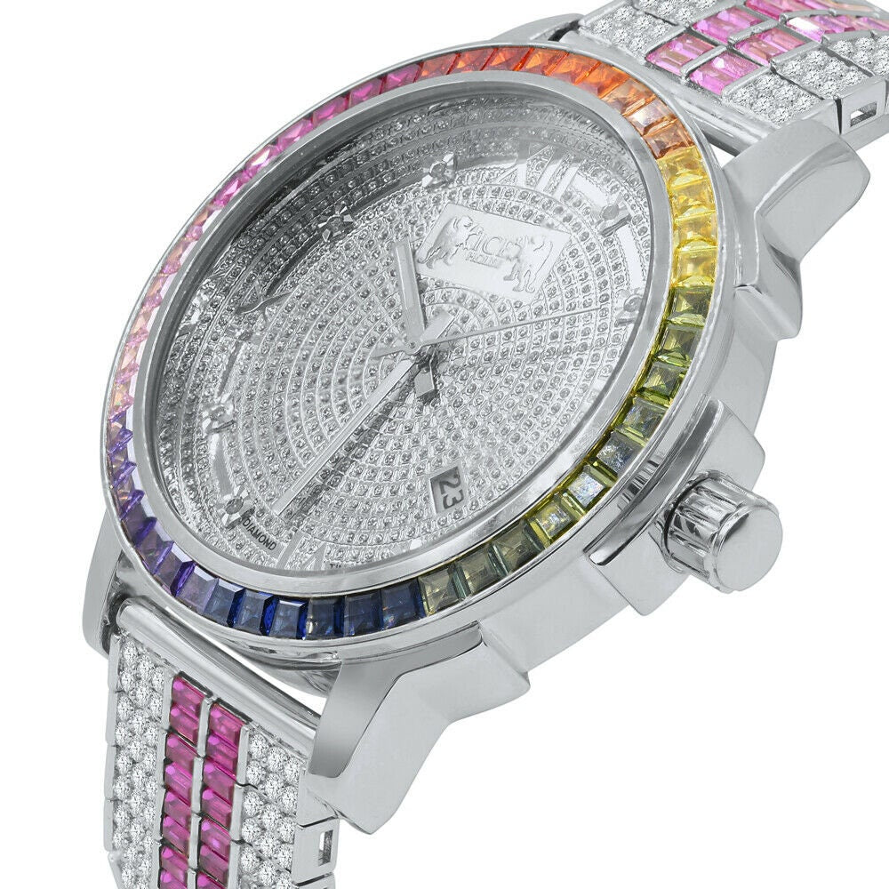 Mens Solid Stainless Steel Bezel White Gold Finish Rainbow Multi Tone Watch Real Diamond Dial W/Date Function