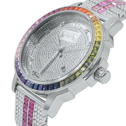 Mens Solid Stainless Steel Bezel White Gold Finish Rainbow Multi Tone Watch Real Diamond Dial W/Date Function