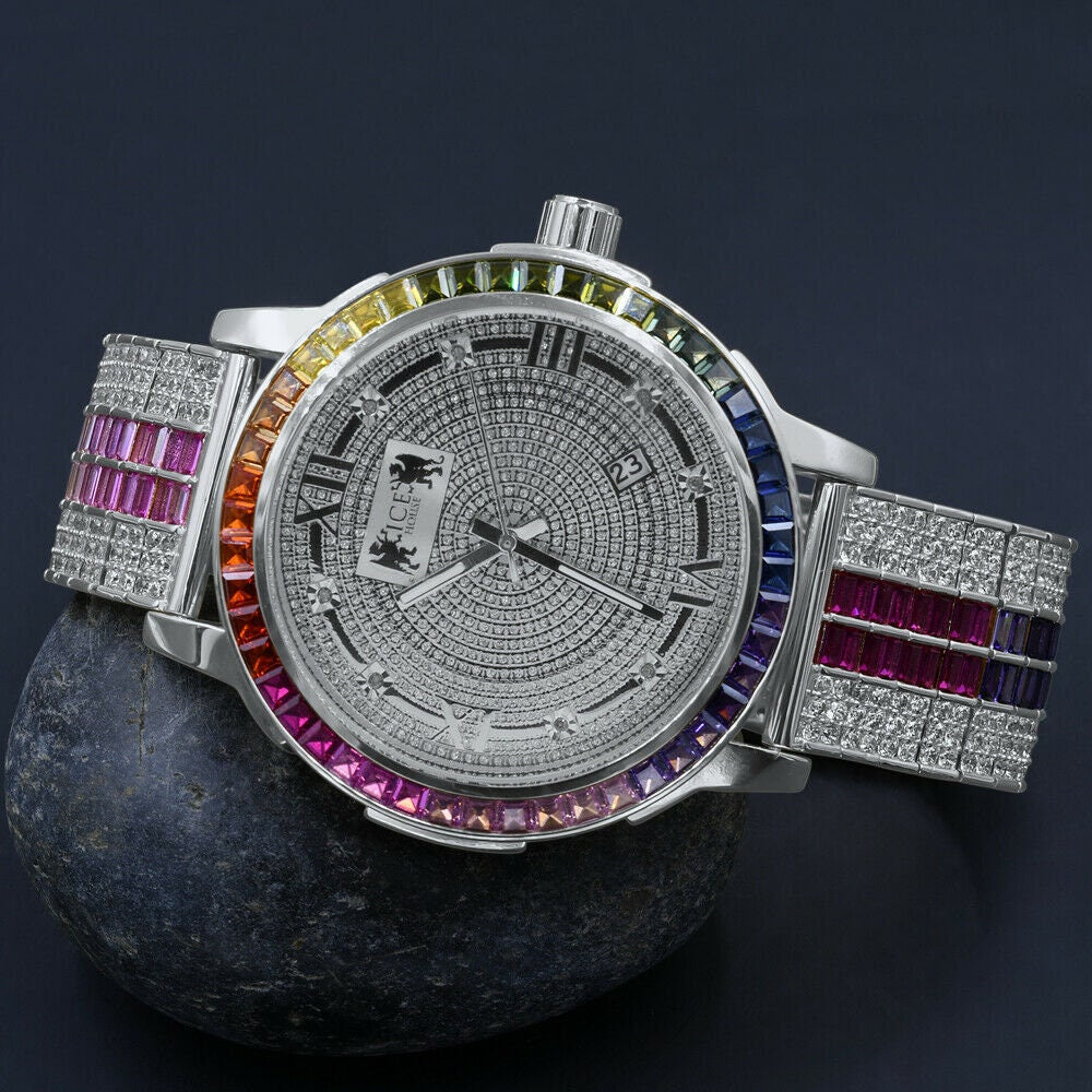 Mens Solid Stainless Steel Bezel White Gold Finish Rainbow Multi Tone Watch Real Diamond Dial W/Date Function