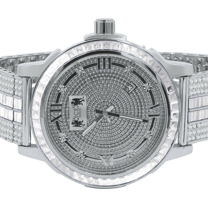 Custom Mens Watch 18K White Gold Finish Solid Stainless Steel Bezel W/Date Function Adjustable Band