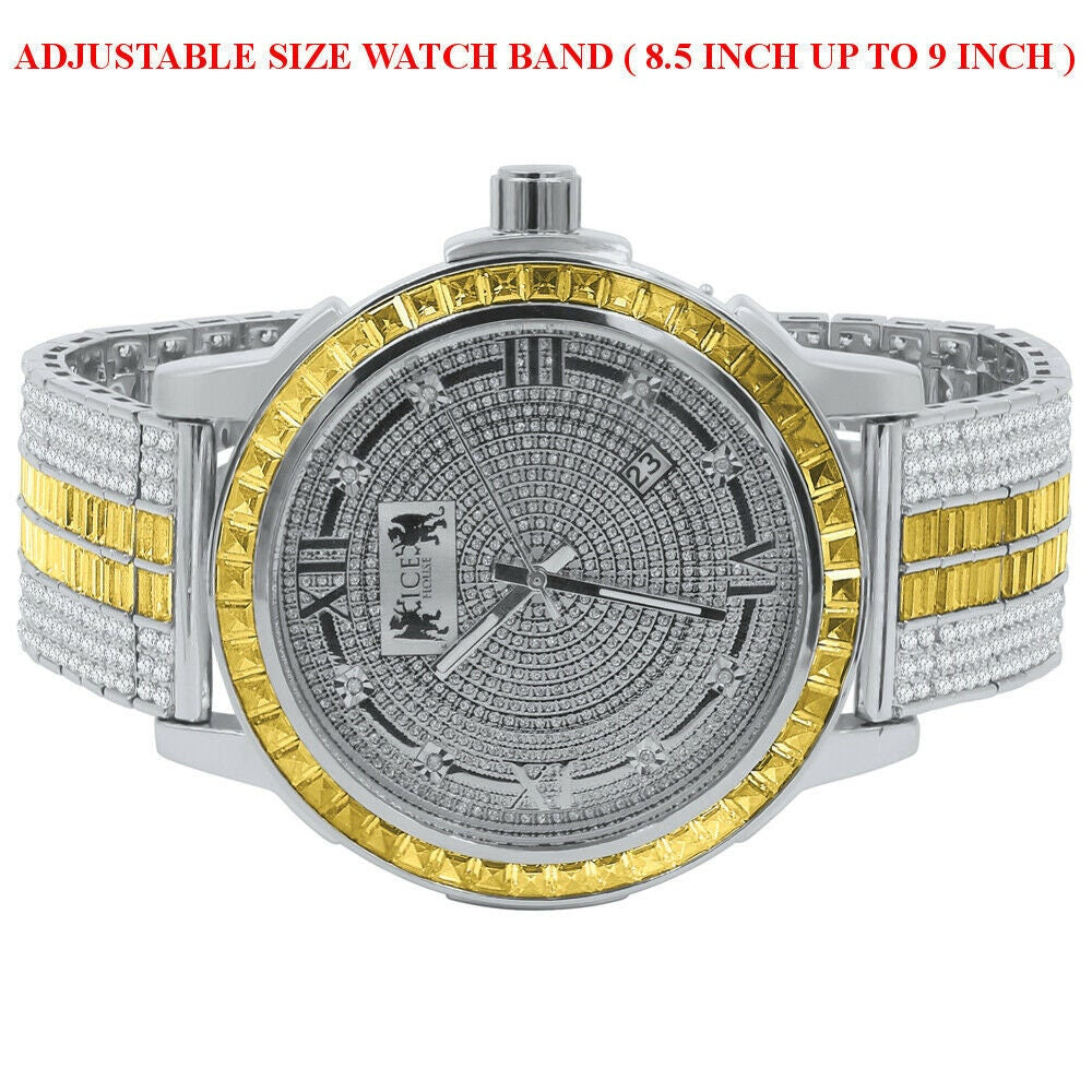 Mens Lemonade Canary White Gold Finish Real Diamond Dial Gold Finish Custom Band Watch W/Date Solid Steel Bezel