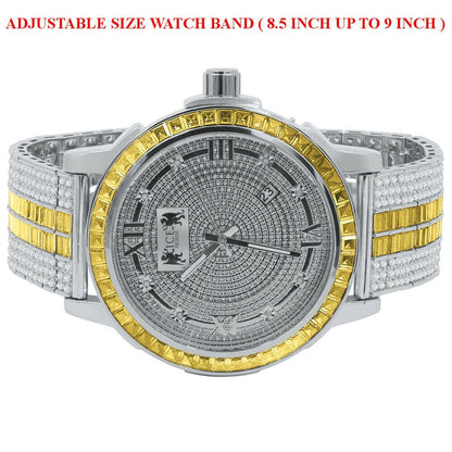 Mens Lemonade Canary White Gold Finish Real Diamond Dial Gold Finish Custom Band Watch W/Date Solid Steel Bezel