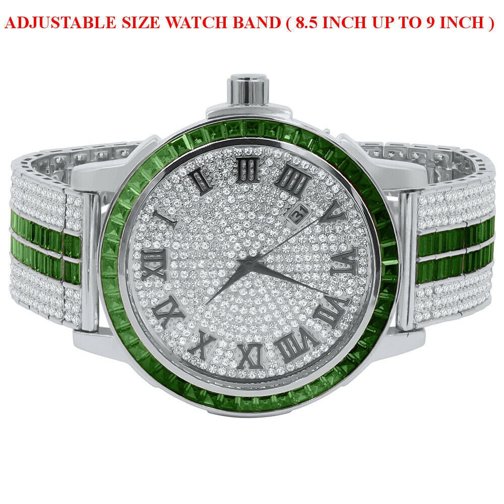 Mens Custom Green Emerald Watch Simulated Diamond Dial White Gold Solid Steel W/Date Function Roman Face