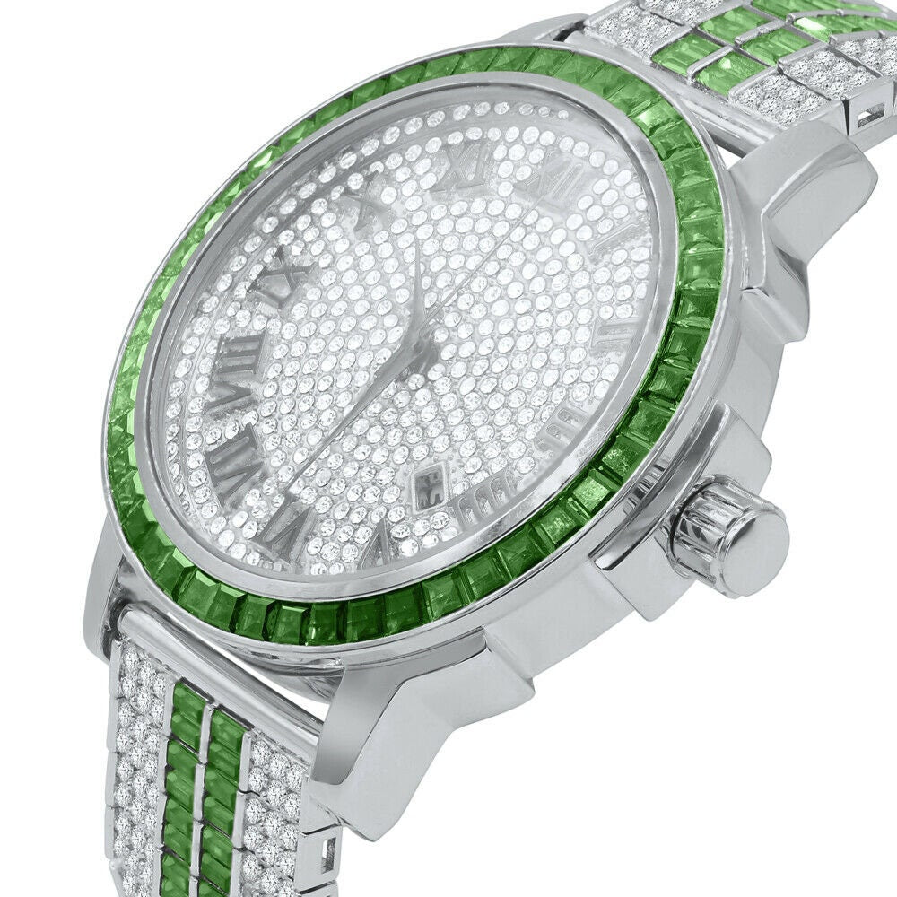 Mens Custom Green Emerald Watch Simulated Diamond Dial White Gold Solid Steel W/Date Function Roman Face