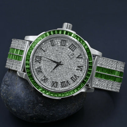 Mens Custom Green Emerald Watch Simulated Diamond Dial White Gold Solid Steel W/Date Function Roman Face