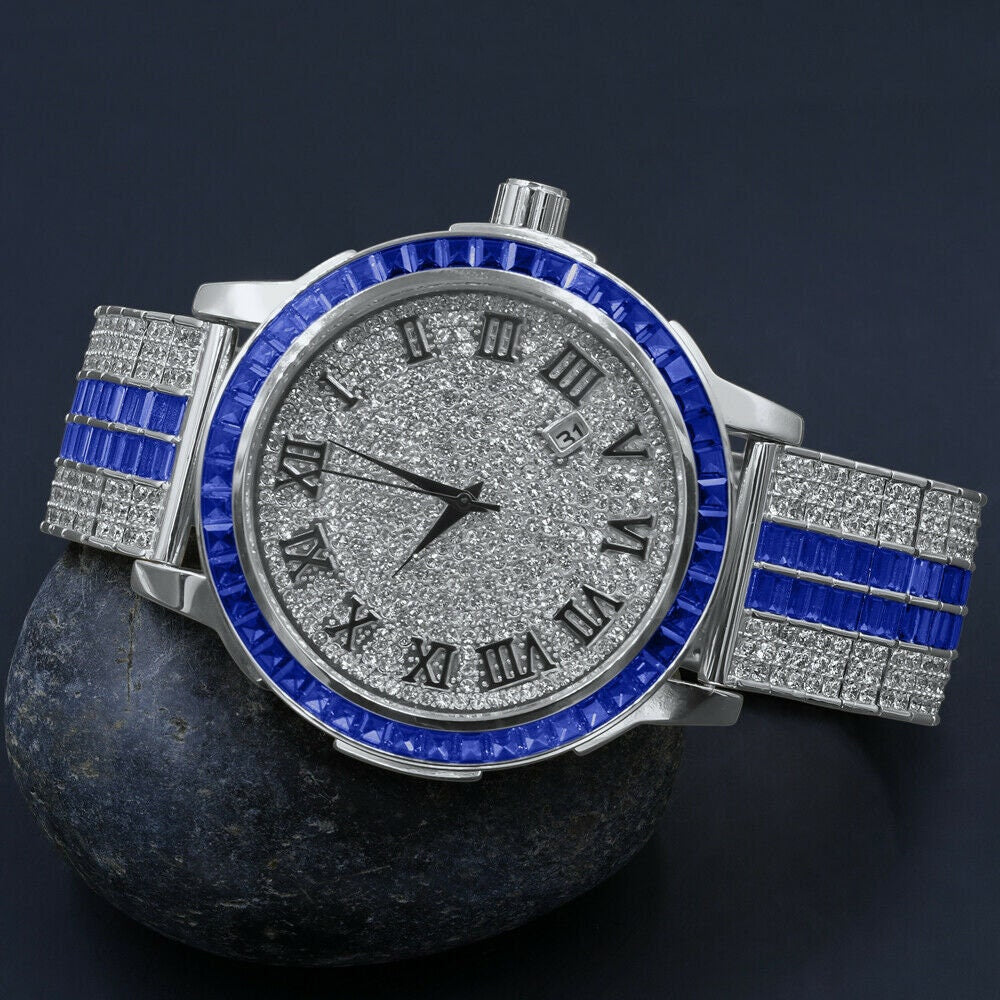 Solid Stainless Steel Baguette Solitaire Bezel Roman Dial Blue Band Mens White Gold Watch