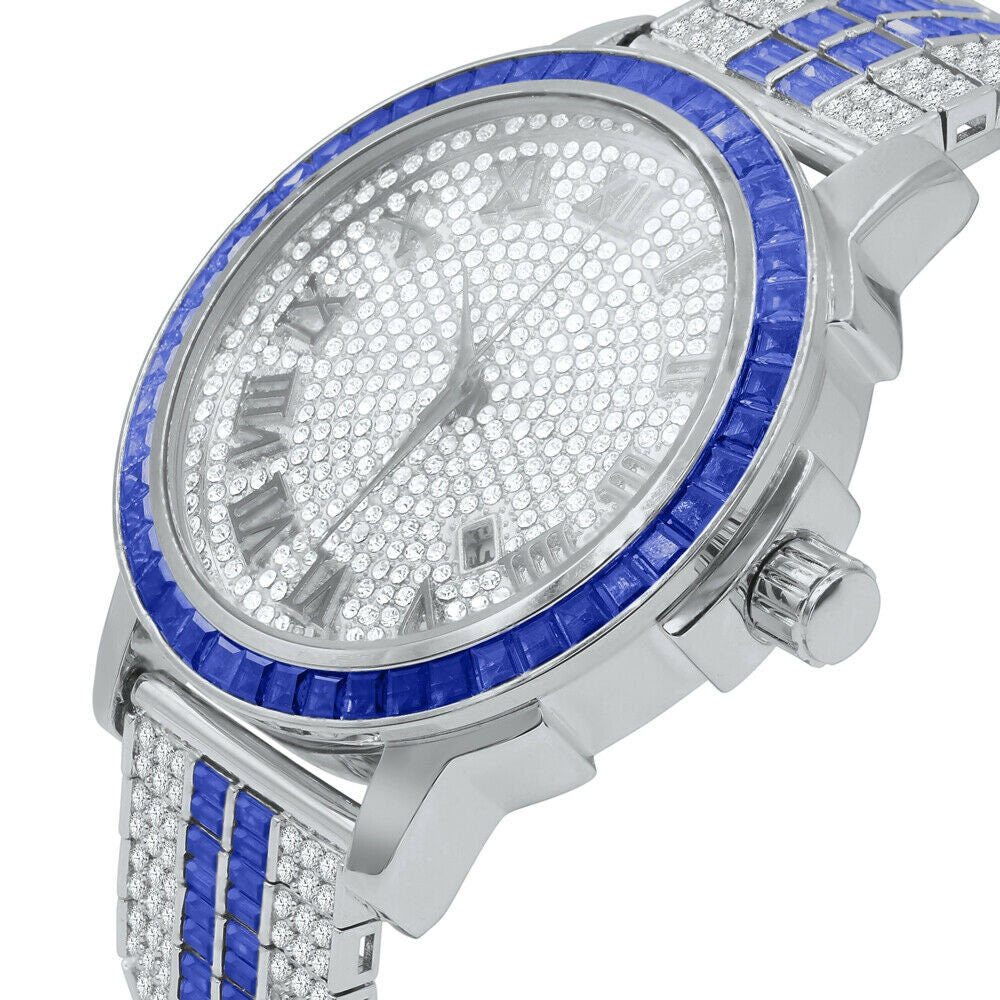 Solid Stainless Steel Baguette Solitaire Bezel Roman Dial Blue Band Mens White Gold Watch